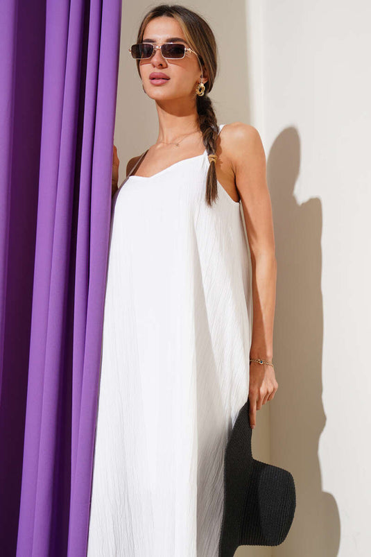 Rope Strap Tree Bark Midi Dress White