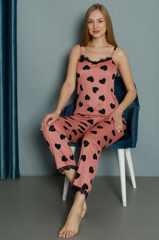 Rope Strap Lace Heart Patterned Pajama Set Dusty Rose