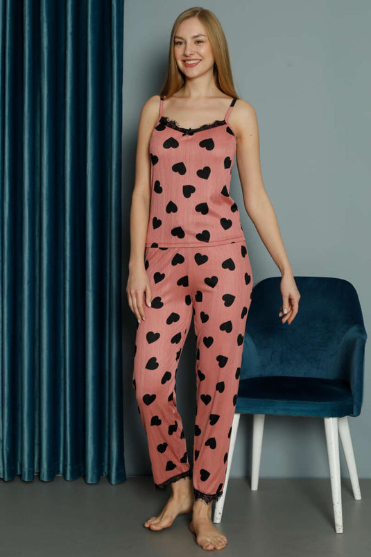 Rope Strap Lace Heart Patterned Pajama Set Dusty Rose