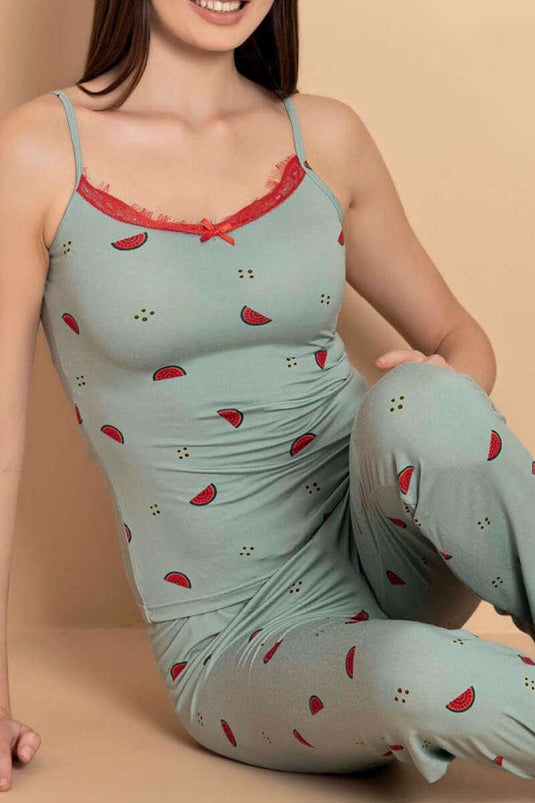 Strappy Striped Pajama Set in Light Green