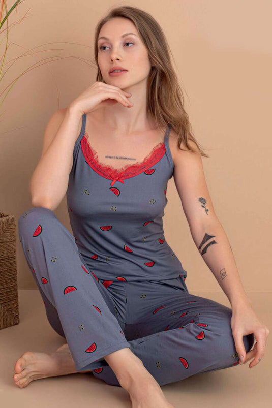 Strappy Striped Pajama Set, Slate Grey