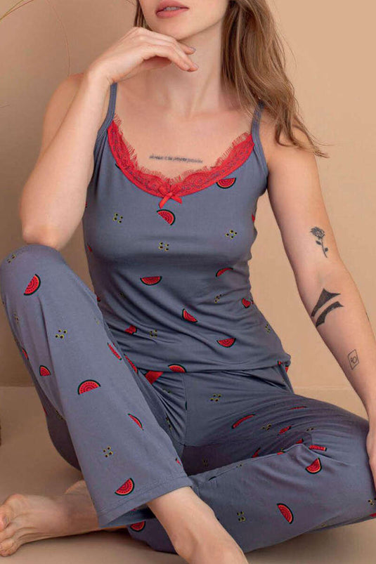 Strappy Striped Pajama Set, Slate Grey