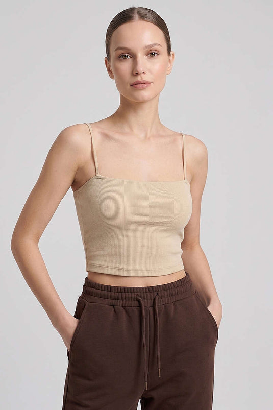 İp Askılı Göğüs Pedli Crop Bej