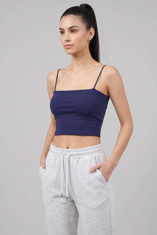 Crop top bleu marine avec bretelles fines et coussinet poitrine