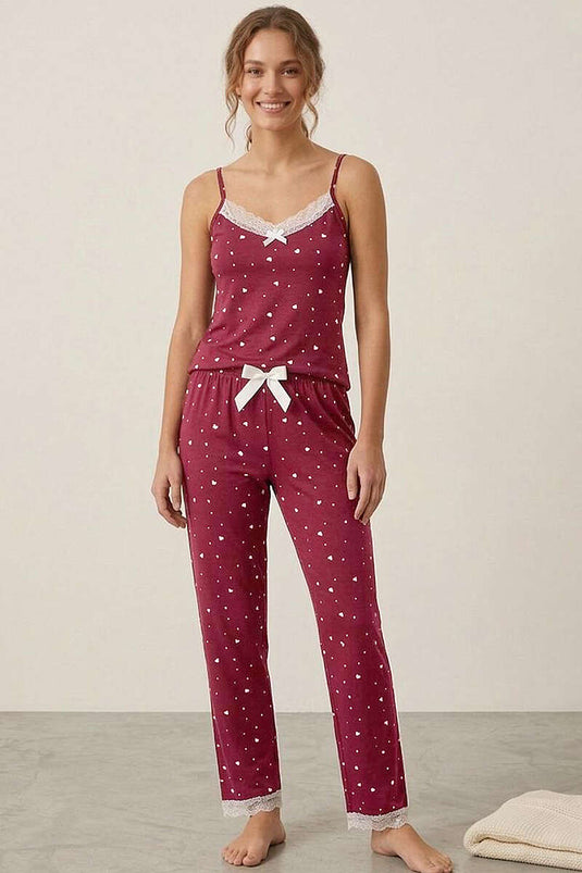 String Strap Heart Print Shorts Pajama Set Dusty Rose