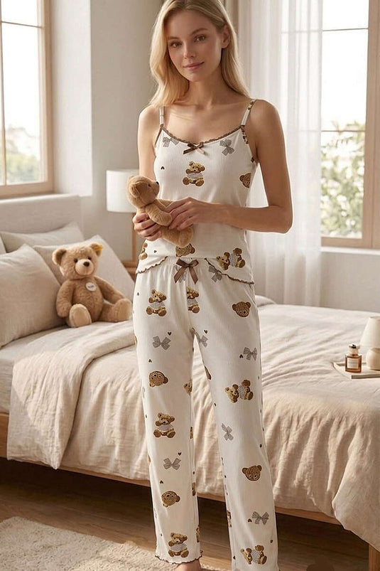 İp Askılı Kurdele Kalpli Baskılı Pijama Takımı Ekru