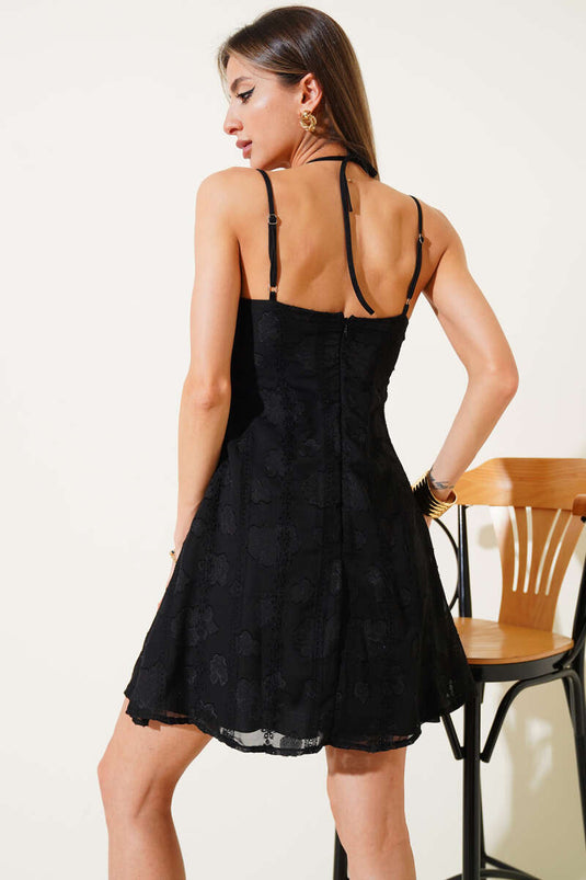Rope Strap Embroidered Mini Dress Black