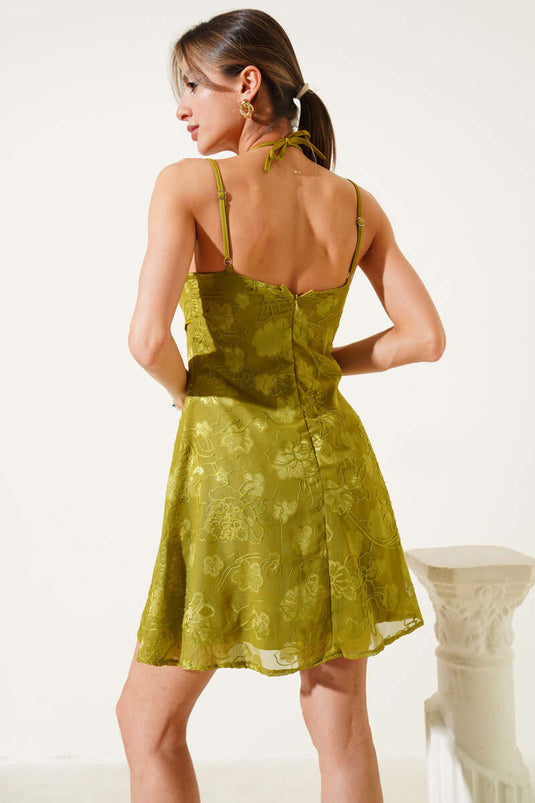 Embroidered Mini Dress with Rope Straps, Oil Green