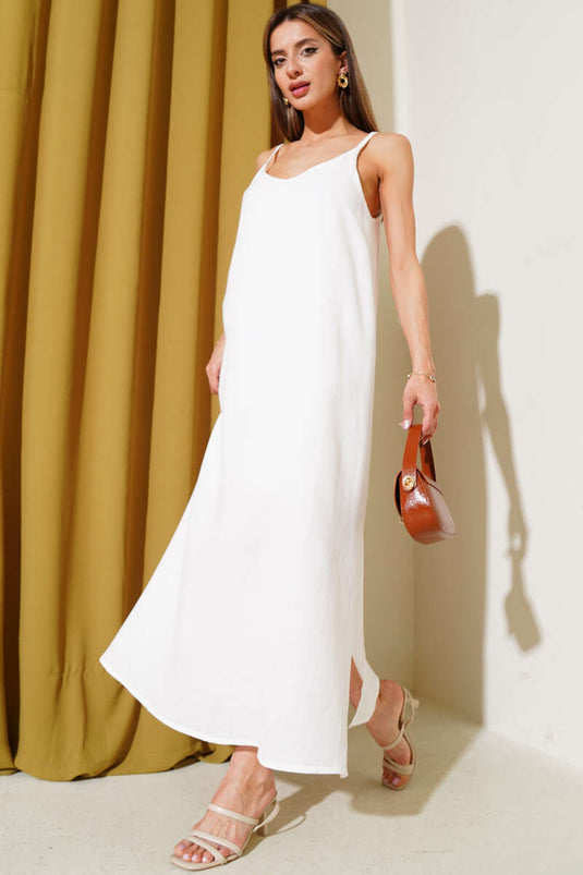 Rope Strap Side Slit Muslin Dress Ecru