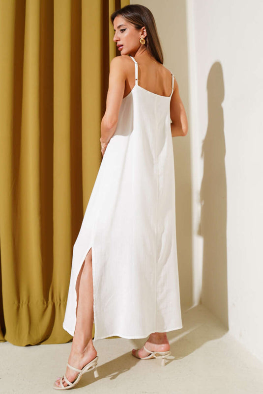 Rope Strap Side Slit Muslin Dress Ecru