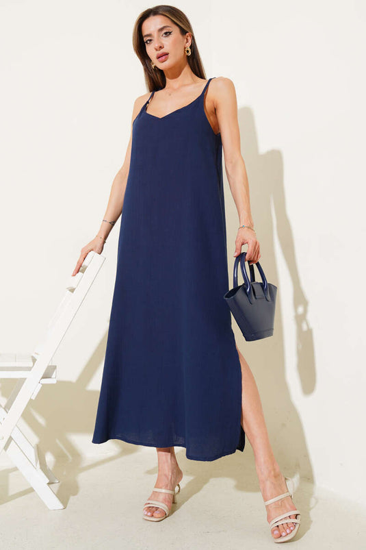 Rope Strap Side Slit Muslin Dress Navy Blue