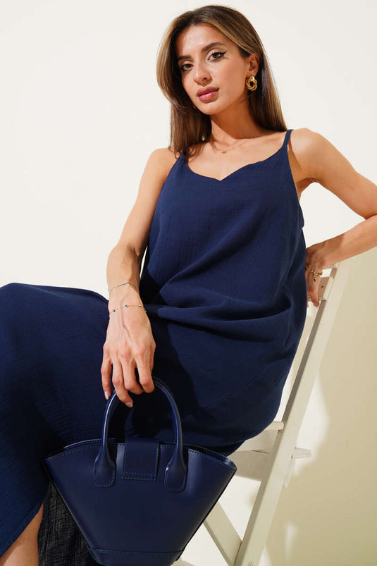 Rope Strap Side Slit Muslin Dress Navy Blue