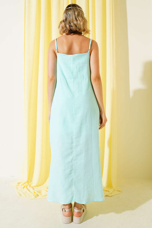 فستان موسلين بحمالات وفتحة جانبية، لون نعناعي