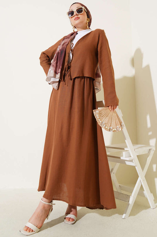 Ensemble deux pièces avec jupe kimono à nouer et string marron