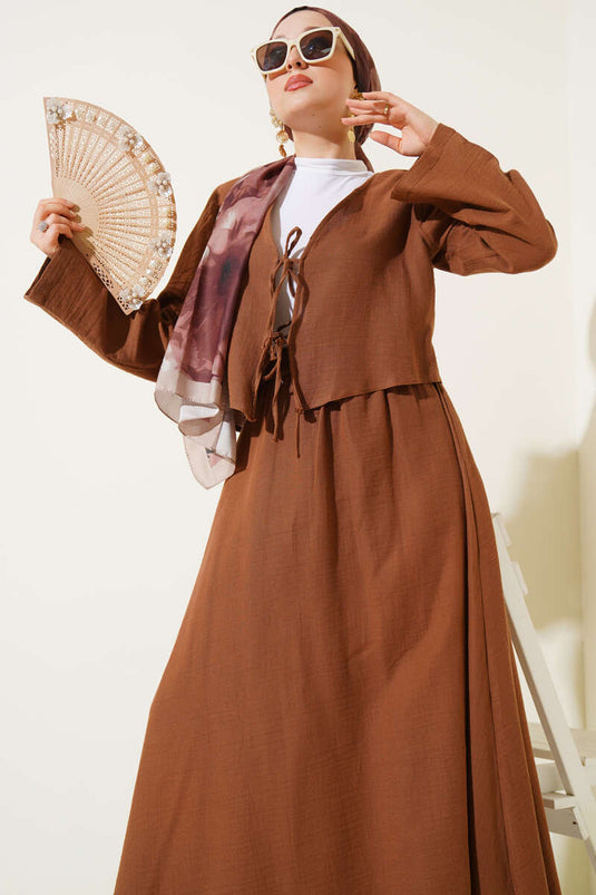 Ensemble deux pièces avec jupe kimono à nouer et string marron