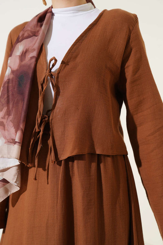 Ensemble deux pièces avec jupe kimono à nouer et string marron