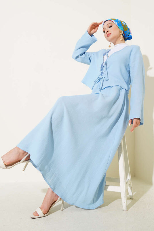 String Tie Kimono Skirt Two Piece Set Blue