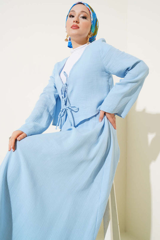 String Tie Kimono Skirt Two Piece Set Blue