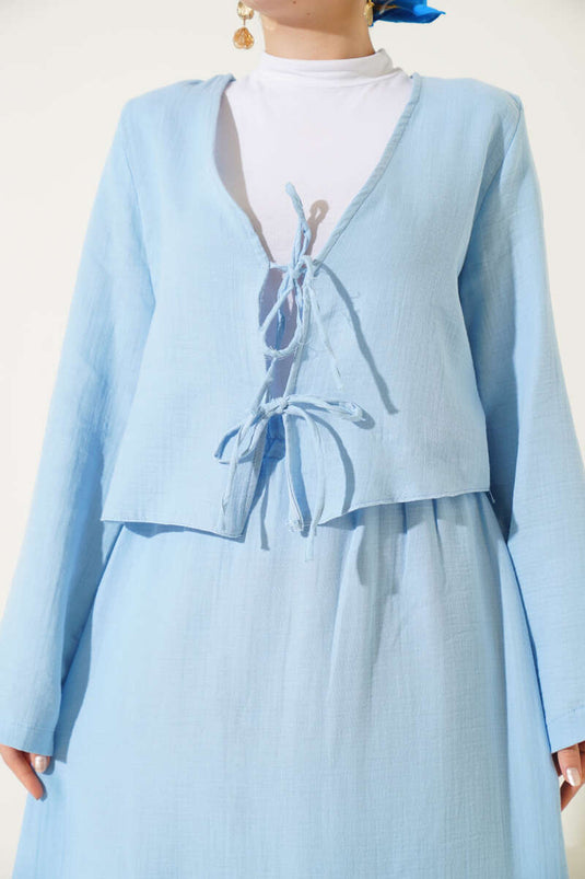 String Tie Kimono Skirt Two Piece Set Blue