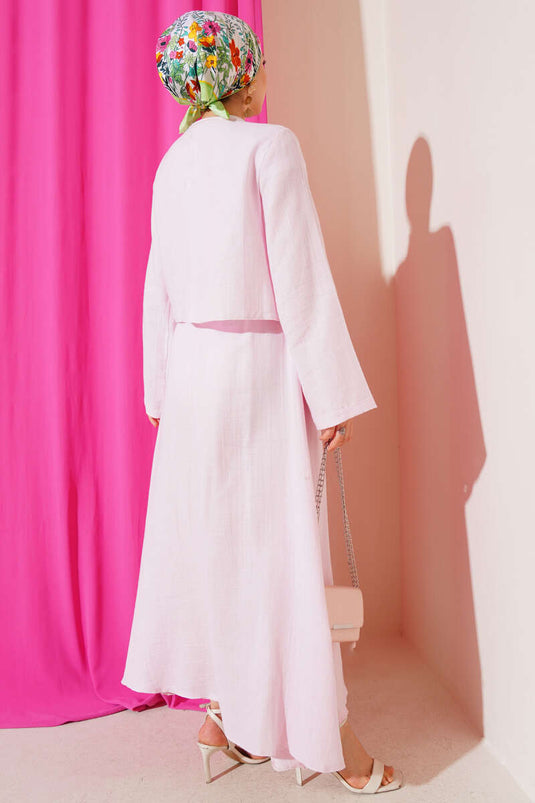 طقم تنورة كيمونو برباط من قطعتين باللون الوردي