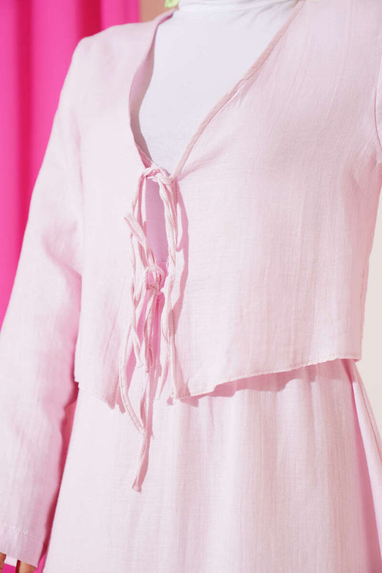 طقم تنورة كيمونو برباط من قطعتين باللون الوردي