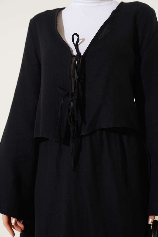 Lace-Up Kimono Skirt Two-Piece Set Black