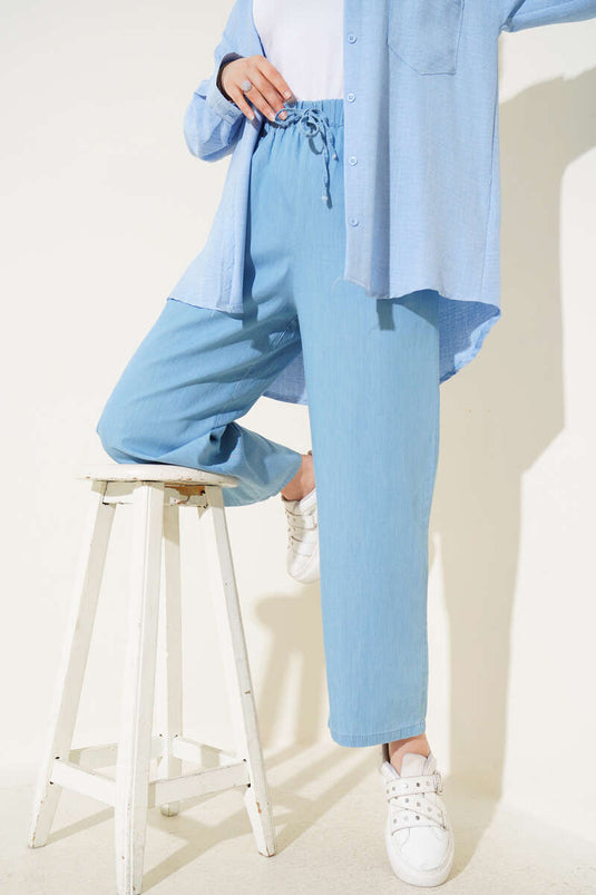 Elastic Waist Trousers with Rope Tie Denim Blue