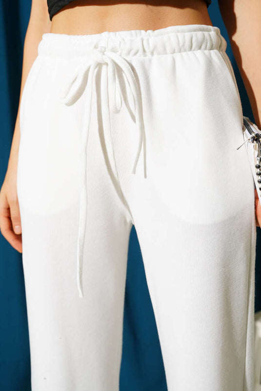 İp Bağcıklı Bol Paça Pantolon Beyaz