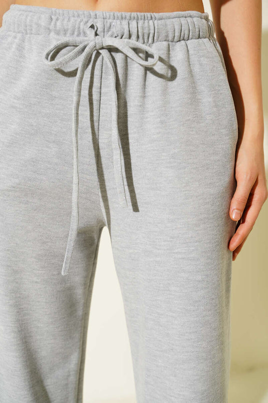 Grey Drawstring Wide Leg Pants