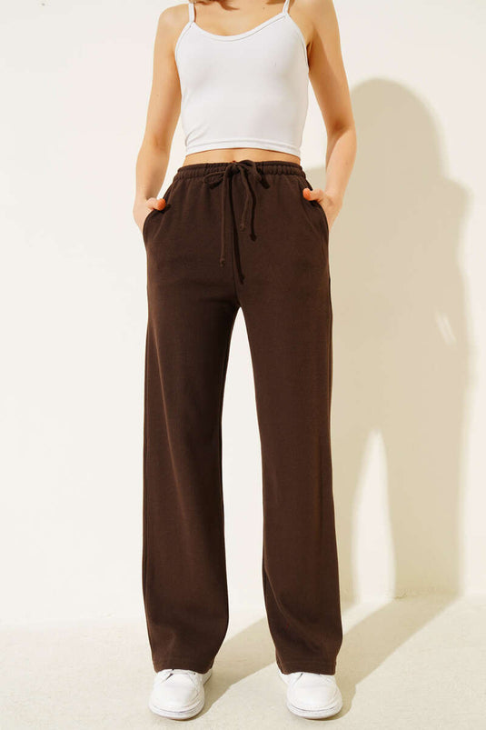 İp Bağcıklı Bol Paça Pantolon Kahve