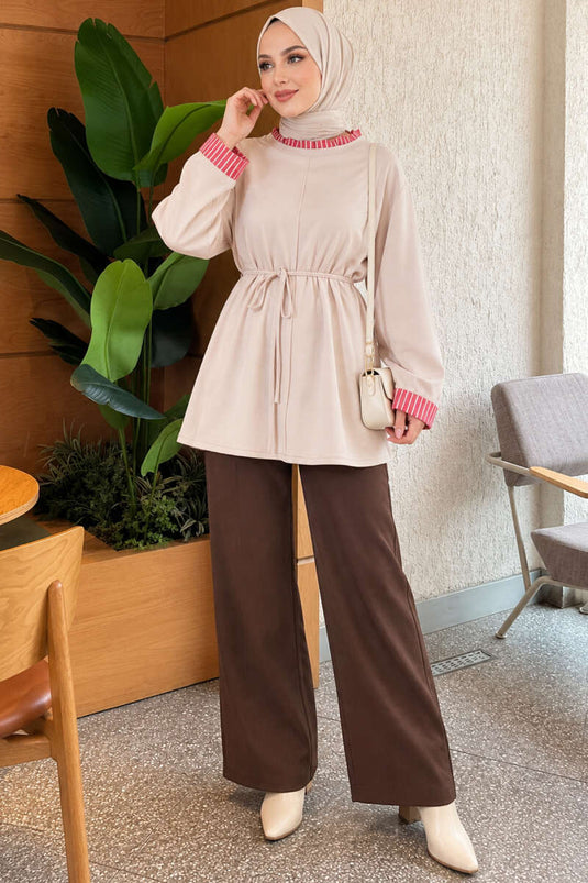 Túnica Beige A Rayas Con Detalle De Lazo