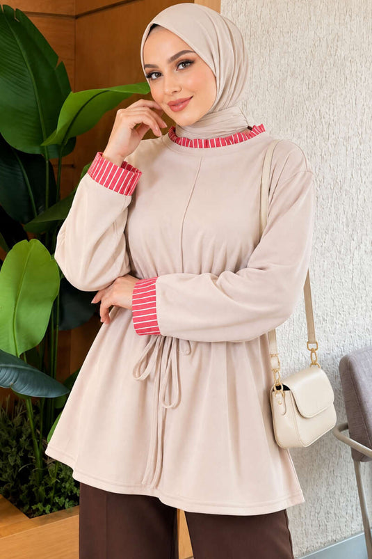 Túnica Beige A Rayas Con Detalle De Lazo