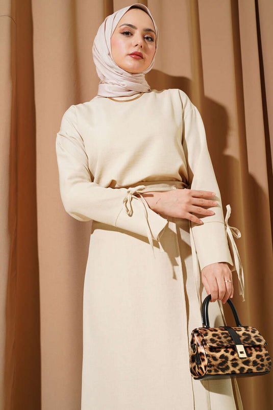 Basic Two-Piece Set with Drawstring Skirt Beige