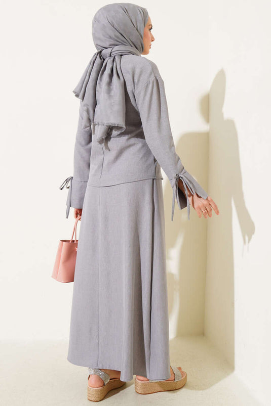 Basic Two Piece Set with Rope Tie and Skirt in Gray
