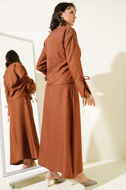 Basic Two Piece Suit with Rope-Tie Skirt and Brown
