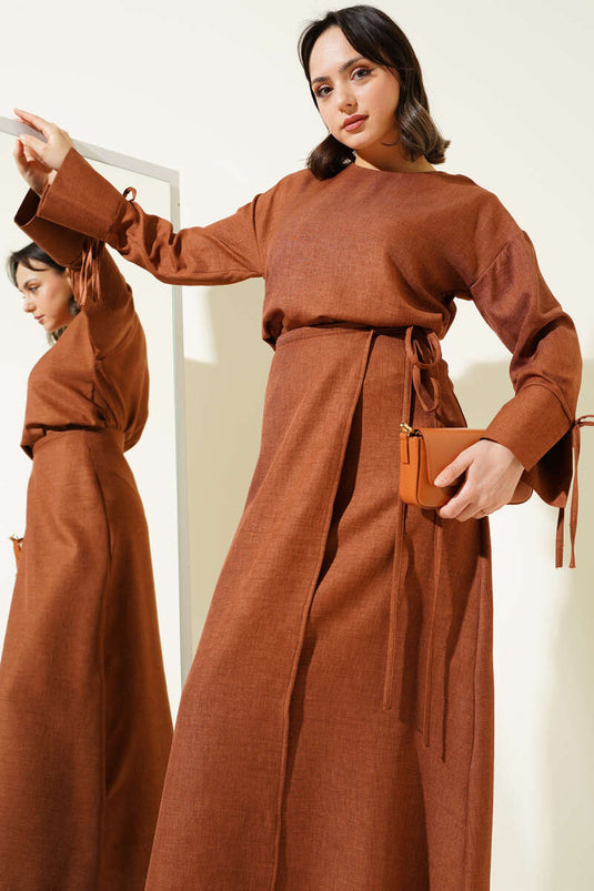 Basic Two Piece Suit with Rope-Tie Skirt and Brown