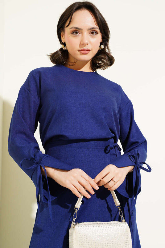 Basic Two Piece Suit with Rope-Tie Skirt Navy Blue