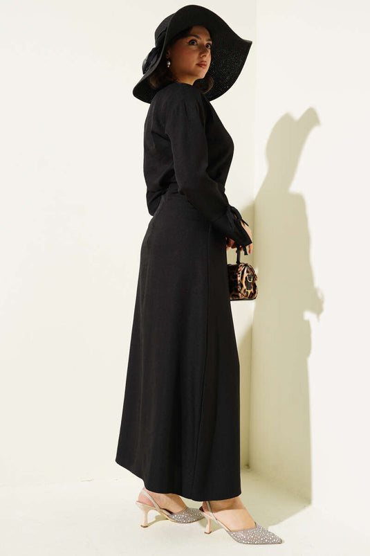 Basic Two Piece Set with Rope-Tie Skirt in Black