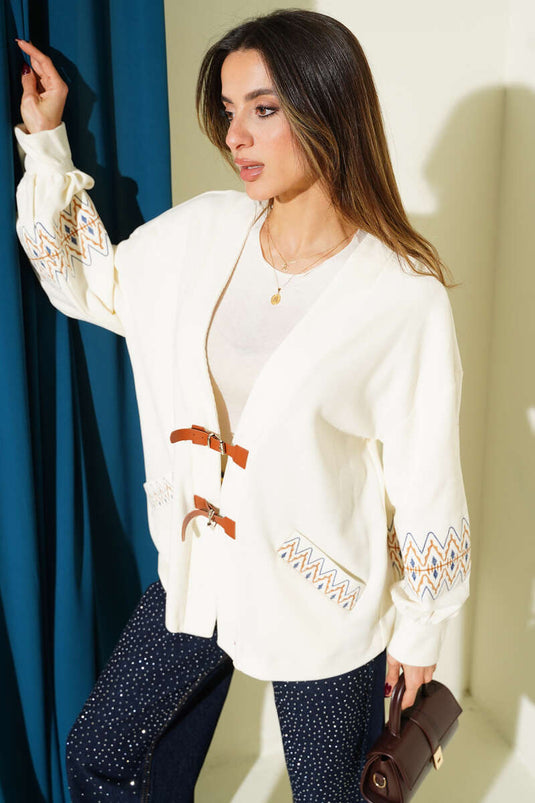 İp Bağcıklı Nakışlı Hırka Ekru