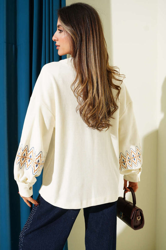 Cardigan with Cord and Embroidery Ecru