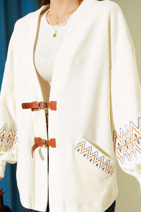 İp Bağcıklı Nakışlı Hırka Ekru