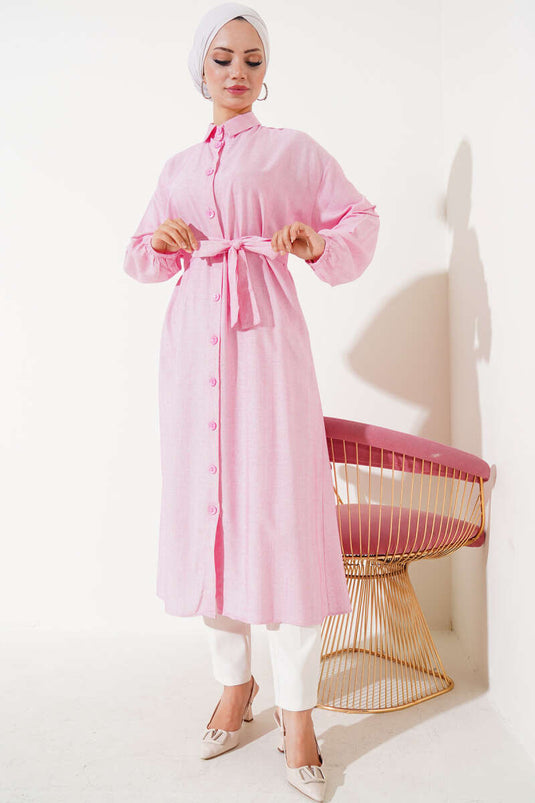 Tunica lunga Fusya con bottoni sul davanti in pizzo e corda