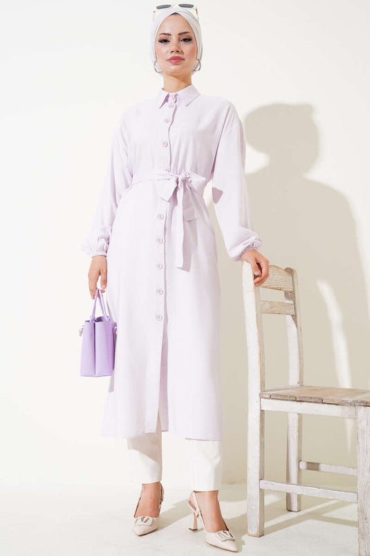 İp Bağcıklı Önden Düğmeli Uzun Tunik Lila