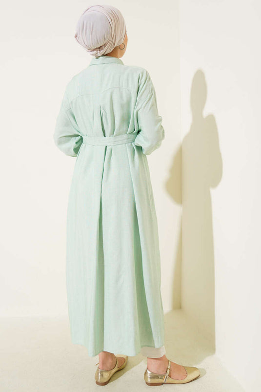 Long Tunic with Laced Front Buttons, Aqua Green