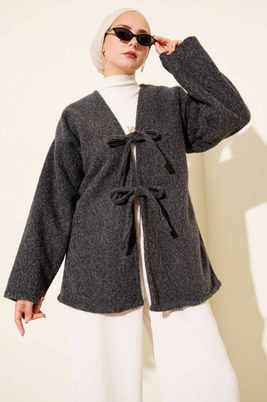 İp Bağlama Detaylı Ceket Füme