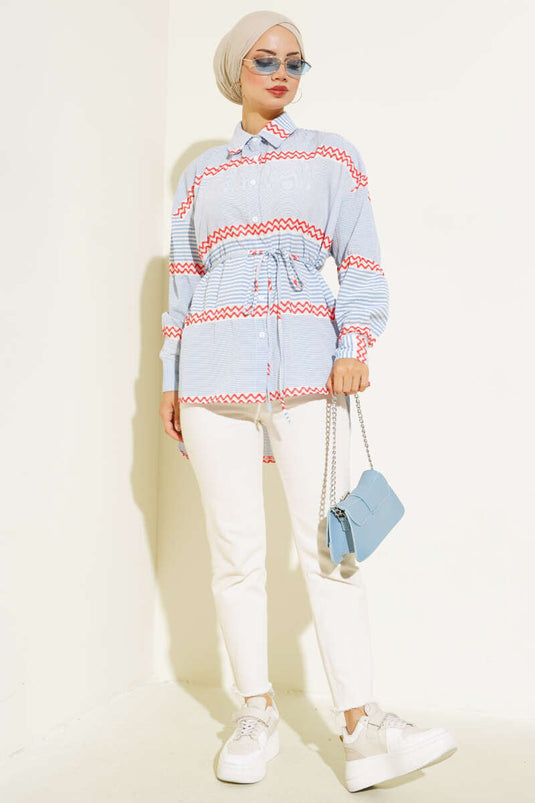 Tie-Up Patterned Striped Shirt Blue