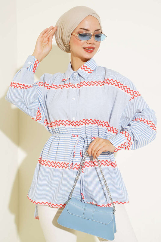 Tie-Up Patterned Striped Shirt Blue