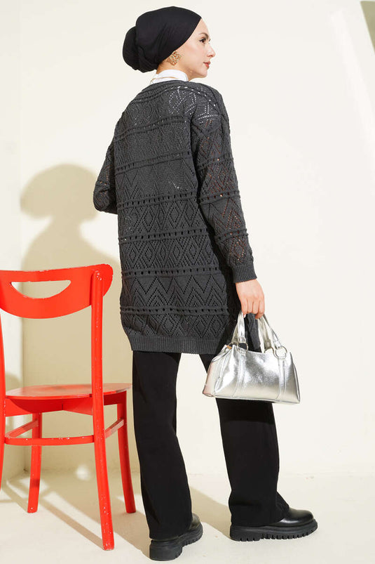 Cardigan lavorato a maglia con motivo e laccio, antracite