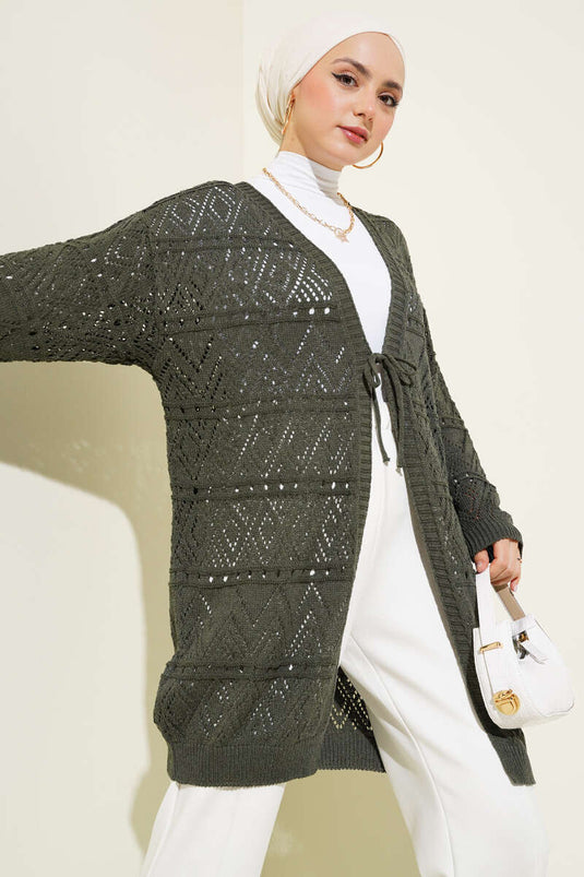 İp Bağlamalı Desenli Triko Hırka Haki