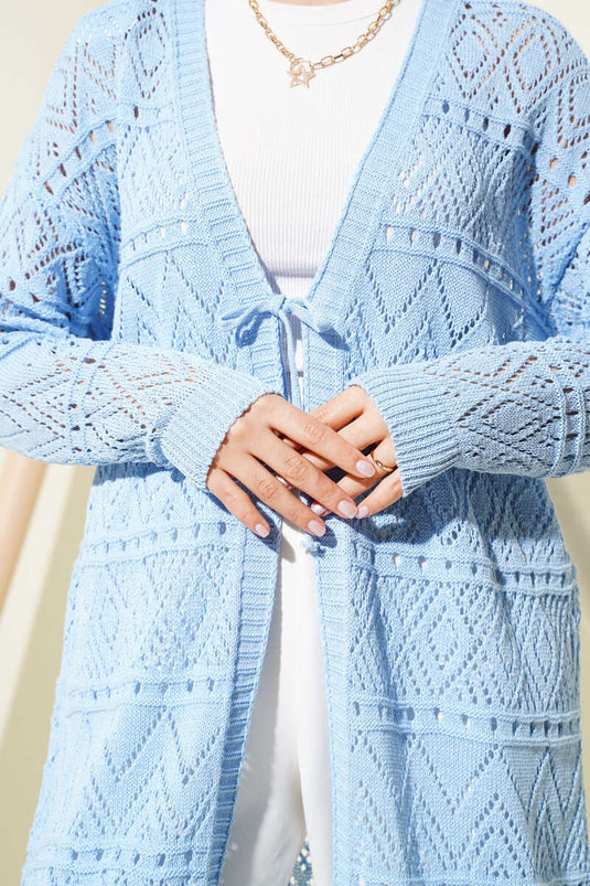 كارديغان محبوك مزخرف مع رباط أزرق